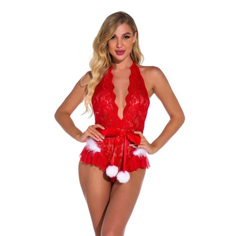 One Piece Lingerie For Women Lace Bodysuit Deep V Teddy Babydoll Sleepwear Christmas Lingerie