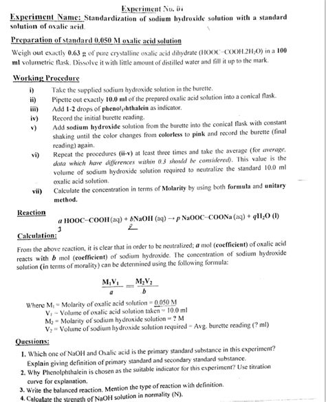 Solved Experiment No 01 Experiment Name Standardization Of Chegg