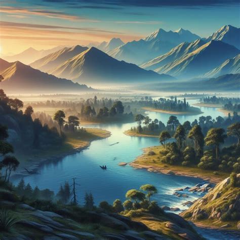 premium photo realistic illustration  mountains  rivers  dawn