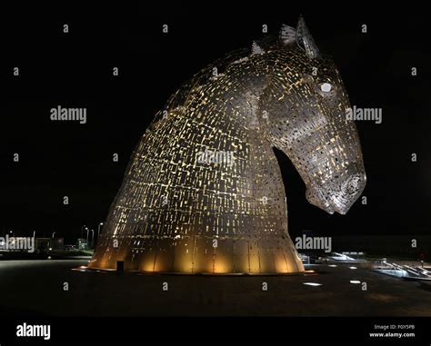 The Kelpies Illuminated By Night Falkirk Scotland December 2015 Stock