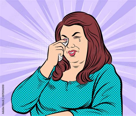 Fat woman crying, wiping her tears with a towel. Pop art vector ...