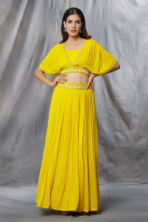 Buy Yellow Georgette Embroidered Sequin U Neck Cutdana Lehenga Set For