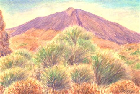 Pico Del Teide Tenerife Canarian Islands Watercolor And Pastel By