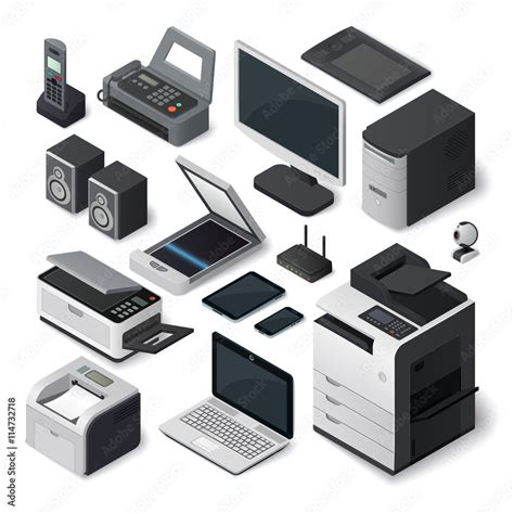 Office equipment isometric printer interior paper furniture style. Set of vector isometric ...