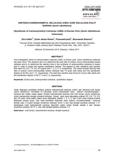 Sintesis Karboksimetil Selulosa Cmc Dari Selulosa Kulit Durian Durio