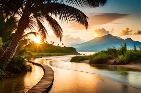 Una Playa Tropical Con Una Pasarela De Madera Que Conduce A Una Cadena