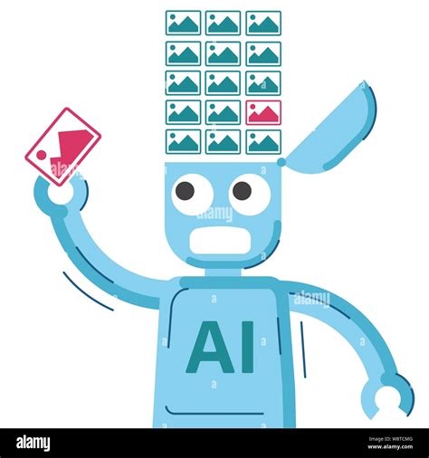 Funny illustration of machine learning process. AI robot gets flow of ...