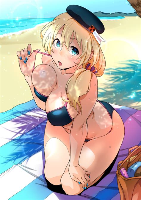 Rule 34 Atago Kantai Collection Beach Bikini Bikini Pull Blonde Hair Blush Breasts Cleavage