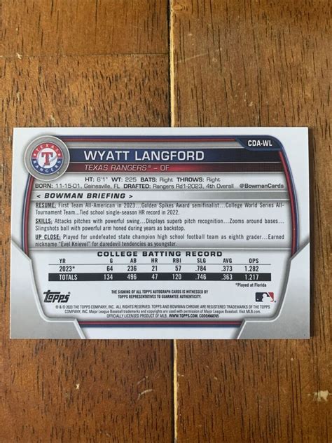 Bowman Chrome Wyatt Langford Rookie Card Rc Auto Cda Wl Ebay