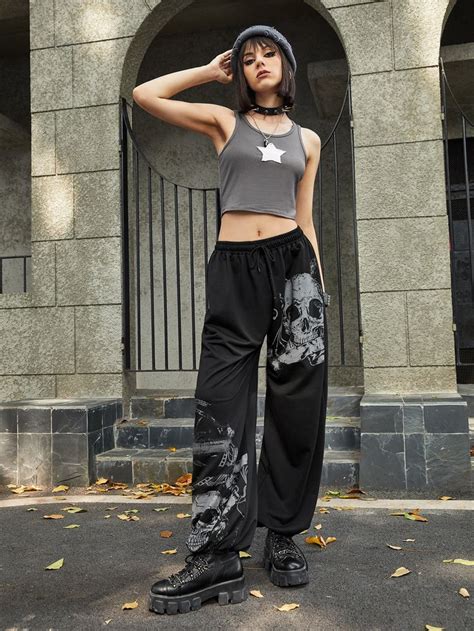 ROMWE Grunge Punk Pantalón de chándal con gráfico de calavera escuela