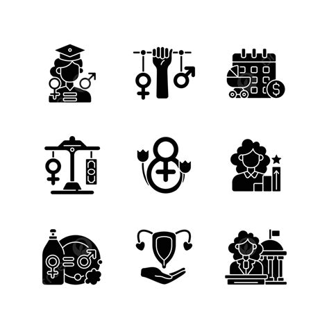 Set Of Black Glyph Icons On White Space Representing Feminism Vector