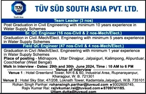 TÜv SÜd South Asia Pvt Ltd Walk In On 29th And 30th June 2024 For Team Leader And Qc Engineers