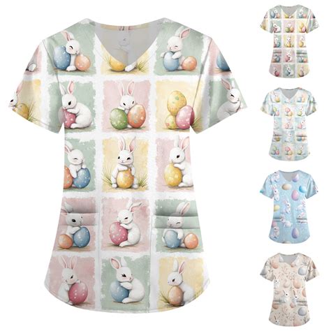 DBAIXID Plus Size Easter Scrubs Tops Plus Size With Pockets Graphic