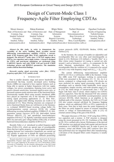 Pdf Design Of Current Mode Class Frequency Agile Filter Employing Cdtas