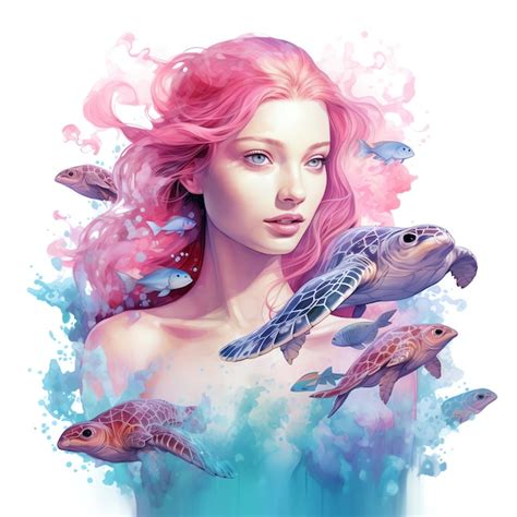 Premium Photo Beautiful Pink Mermaid Surrounded By Sea Turtles