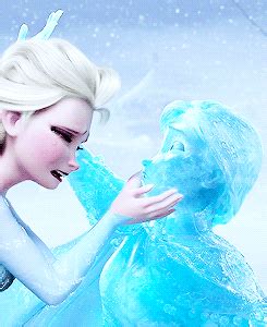 the frozen queen is touching her face next to an icy blue statue with ...