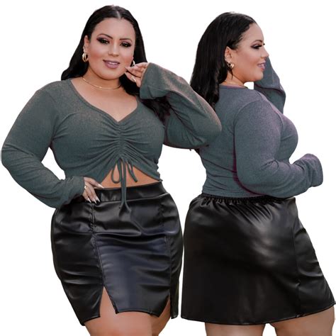 Saia Curta Plus Size Couro Fake Feminina Courino Fenda Elastico Inverno