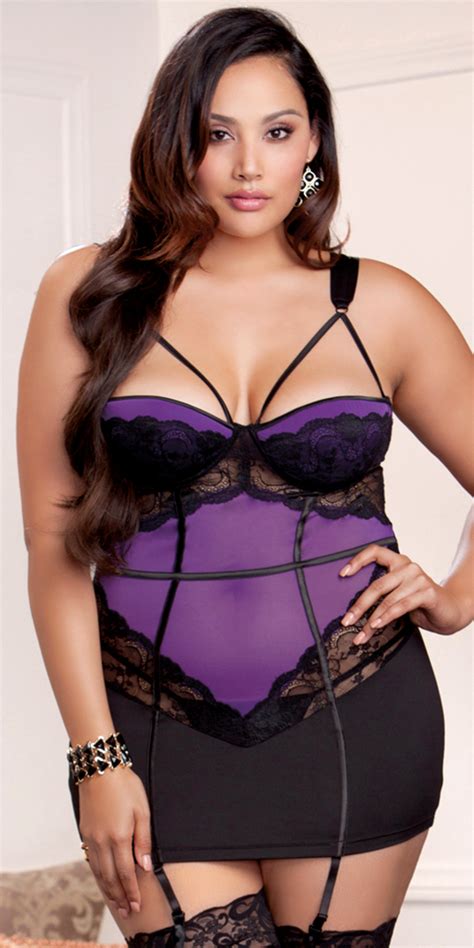 Plus Size Scallop Lace Mesh Microfiber Chemise With G String Lingerie