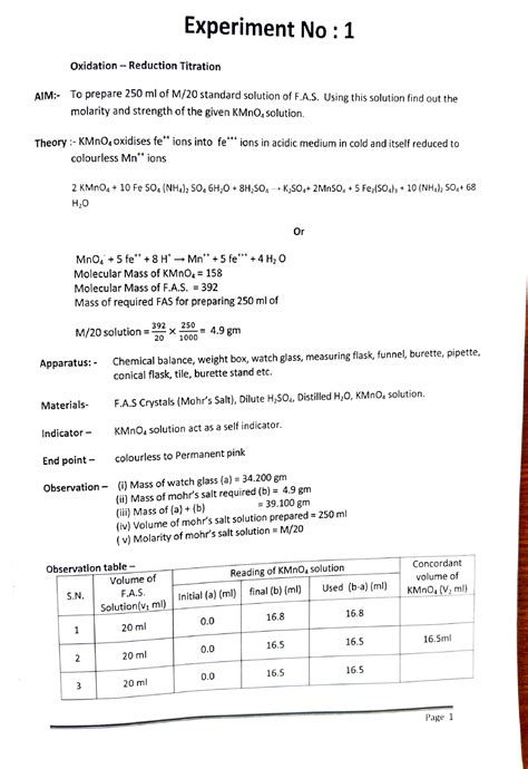 Class Xii Chemistry Experiment No Oxidation Reduction