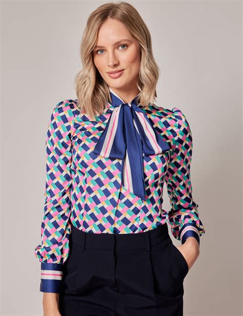 Cream Pink Geometric Pussy Bow Blouse Hawes Curtis