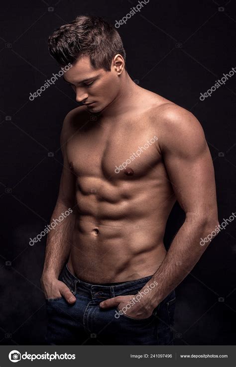 Handsome Shirtless Man Posing Black Studio Background Stock Photo