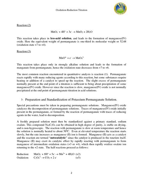 Solution Basic Chemistry Lab Oxidation Reduction Titration Notes