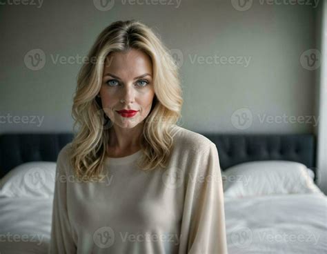 AI Generated Photo Of Beautiful Middle Aged Woman With Blonde Hair In Bedroom Generative AI
