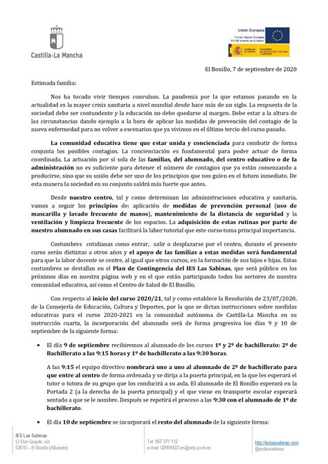 Carta de presentación del inicio de curso 2020 2021