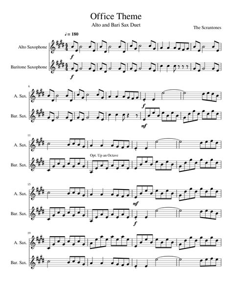 Office Theme Alto Bari Sax Duet Sheet Music For Alto Saxophone