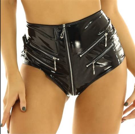 Womens Wet Look Leather Shorts High Waist Zip Up Booty Shorts Hot Pants Clubwear Shiny Fashionista