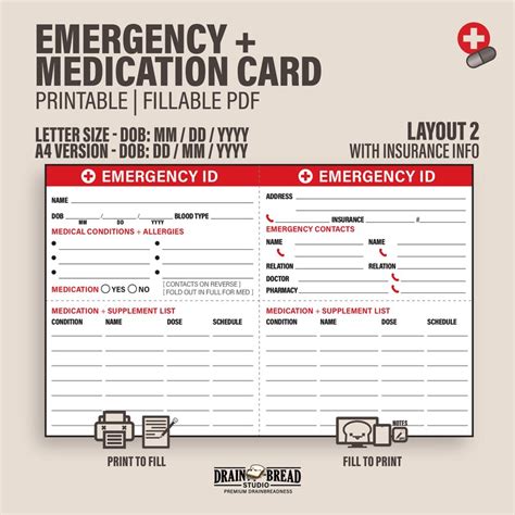 Emergency ID Card With Medical Conditions Medication List Emergency