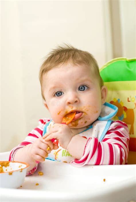 Messy Baby Wearing Bib After Eating Solid Food Stock Image Image Of