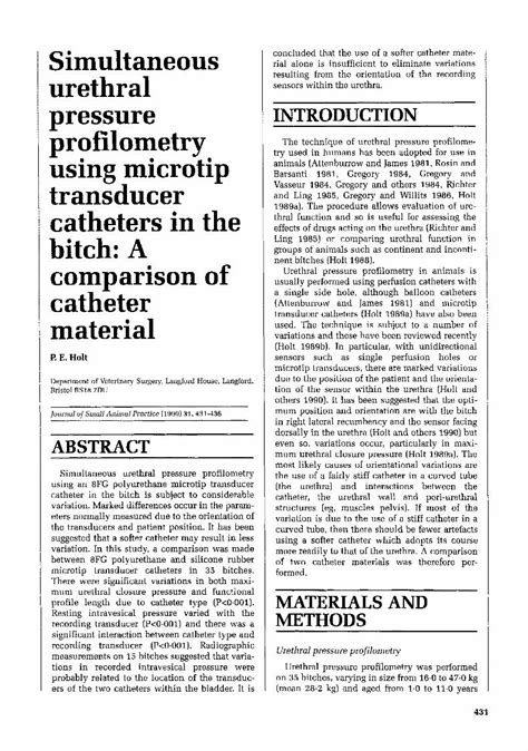 Pdf Simultaneous Urethral Pressure Profilometry Using Microtip Transducer Catheters In The