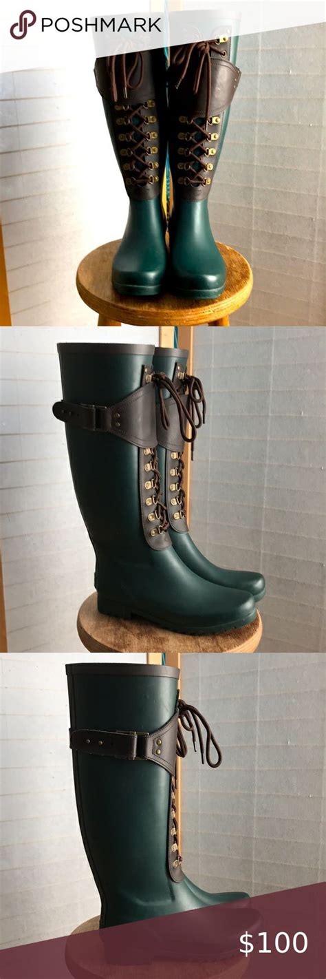 Ugg Sz Rain Boot Hunter Green Lace Up And Buckles Sheepskin Insole