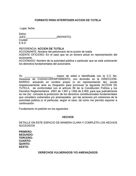 Formato Acción de tutela salud FORMATO PARA INTERPONER ACCION DE