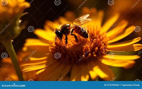 Abeja De Miel Ocupada Poliniza La Flor De Margarita Amarilla Generada