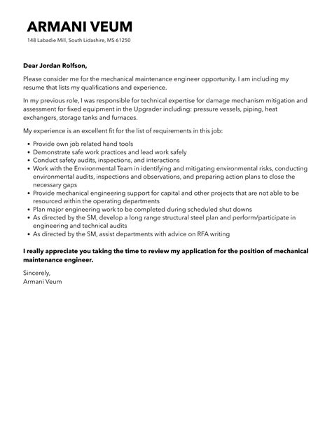 Mechanical Maintenance Engineer Cover Letter | Velvet Jobs