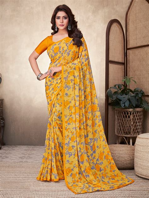 Georgette Printed Saree With Attached Crepe Blouse Online Dvz0003475