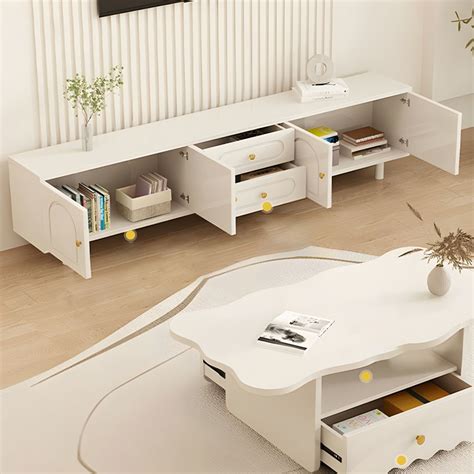 Modern White TV Stand with Cable Management and Soft-Close Drawers ...