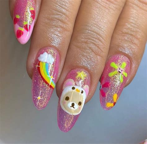 Hello kitty nails rilakkuma nails pink glitter freestyle cute nails ...