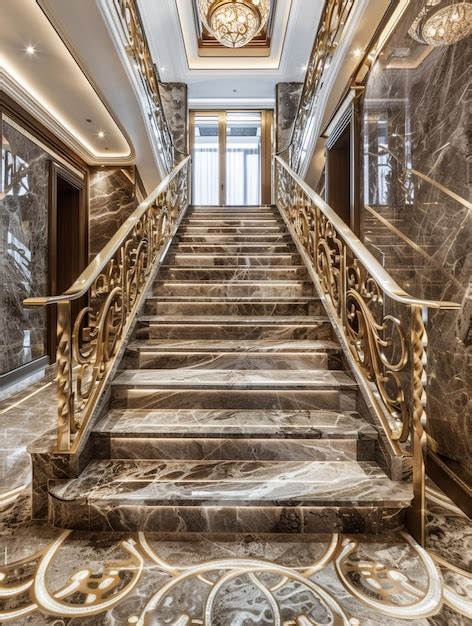 Luxurious Marble Staircase With Elegant Gold Railings In Opulent