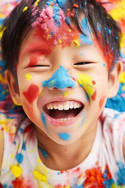 Un niño feliz y sonriente celebra su cumpleaños Foto Premium