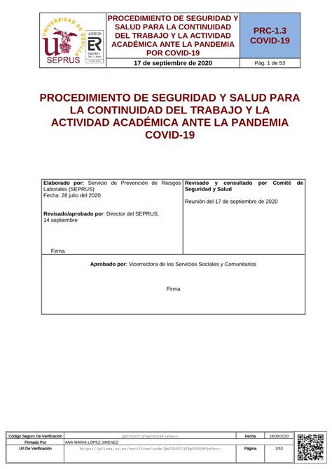 Pdf Procedimiento De Seguridad Y Salud Para La Continuidad Del