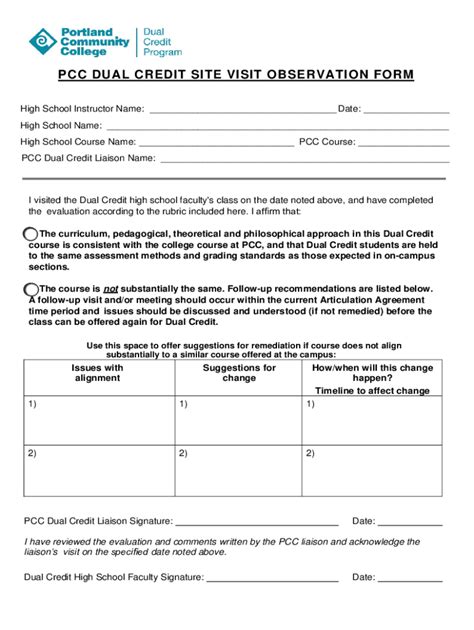 Fillable Online PCC DUAL CREDIT SITE VISIT OBSERVATION FORM Fax Email