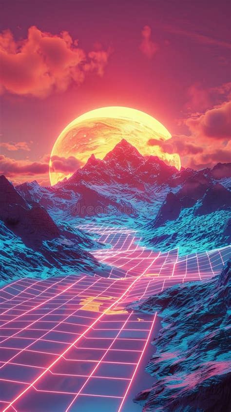 Retro Futuristic Mountain Landscape With Neon Grid And Surreal Sunset