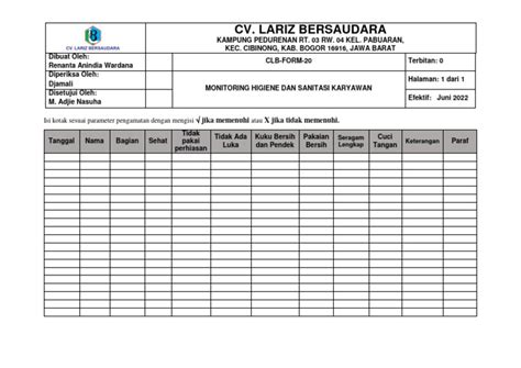 Clb Form 20 Formulir Monitoring Higiene Dan Sanitasi Karyawan Pdf