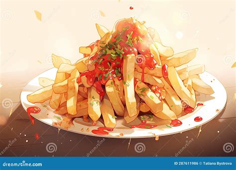 Illustration Of French Fries With Tomato Sauce On A White Plate Stock