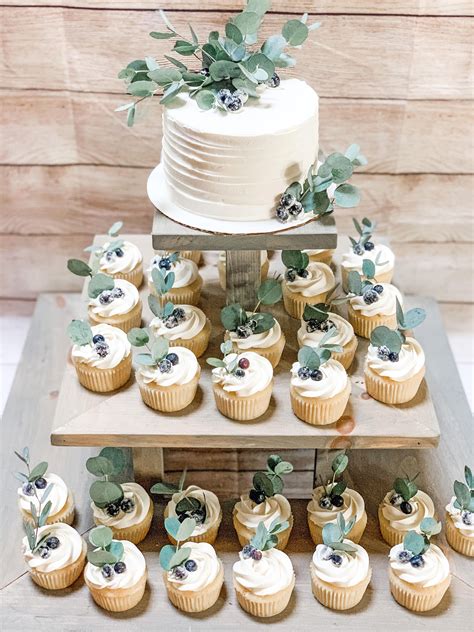 Wedding Cupcakes Dessert Display With Berries And Eucalyptus Simple