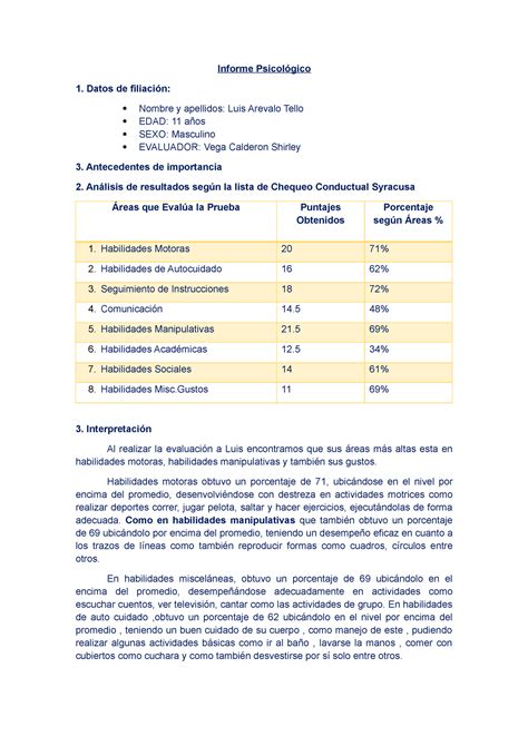 Informe Psicol Gico Informe Psicol Gico Datos De Filiaci N Nombre Y