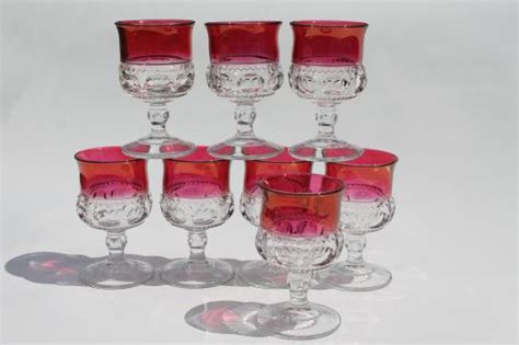 Vintage Ruby Flashed King S Crown Pattern Glass Stemware Set Of 8 Wine Glasses